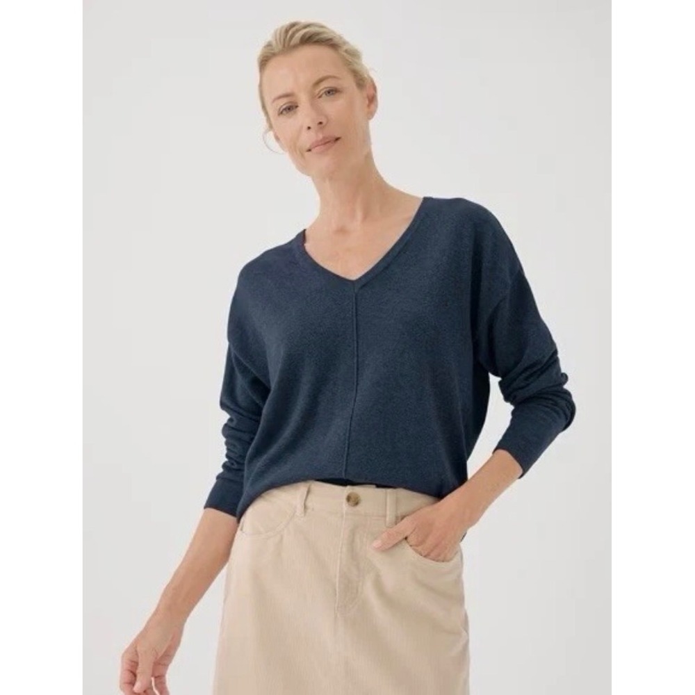Pact Organic Cotton V-Neck Sweater Navy Blue Long Sleeve Relaxed Fit Sz Small